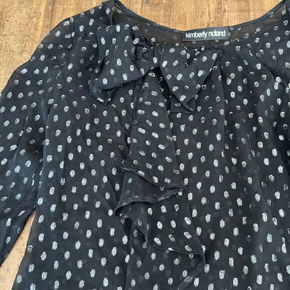 black blouse, long sleeve, metallic, polka dots, bow, feminine, silk, holiday - Picture 3 of 5